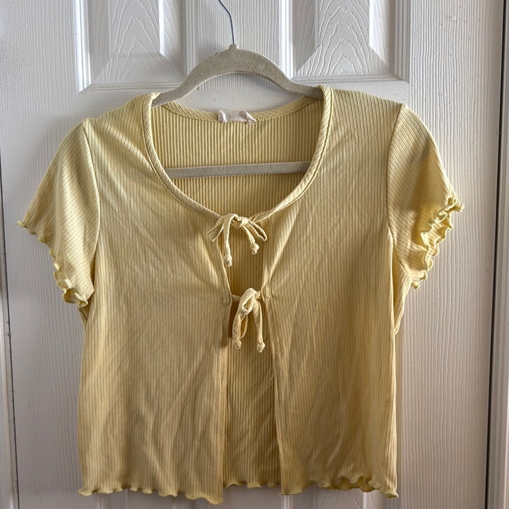 Yellow Ribbed Tie-Front Top